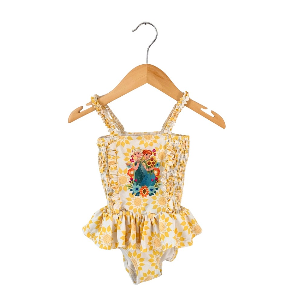 Disney Frozen Anna Elsa Swimsuit Ruffle Trim Sunflower Print Kids Girls